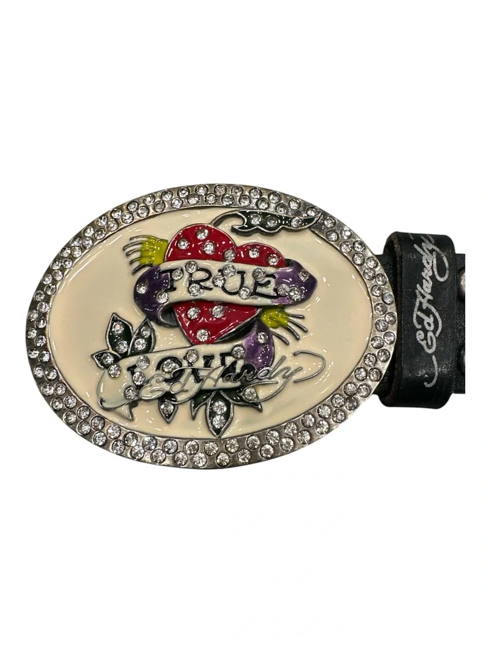Ed Hardy Y2K Cyber Rhinestone Heart Belt Large True Love Genuine Leather Vintage